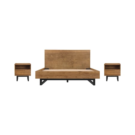 Armen Living Aldo Queen Size 3 Piece Platform Bed Frame Bedroom Set in Brown Oak Wood and Black Metal SETAOBDBRQN3A